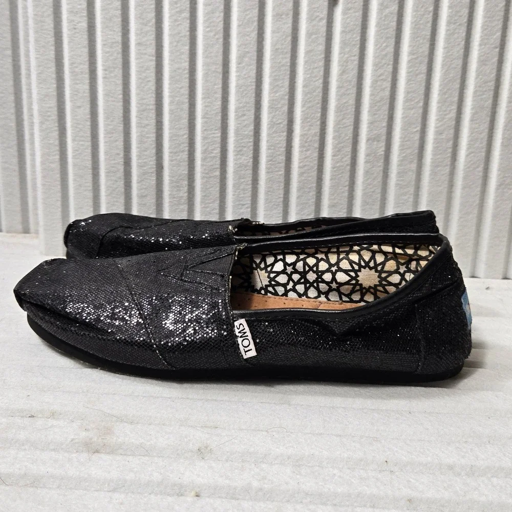 Toms Classic Alpargata Black Glitter‎ Slip On Flat Shoes Womens Size 9